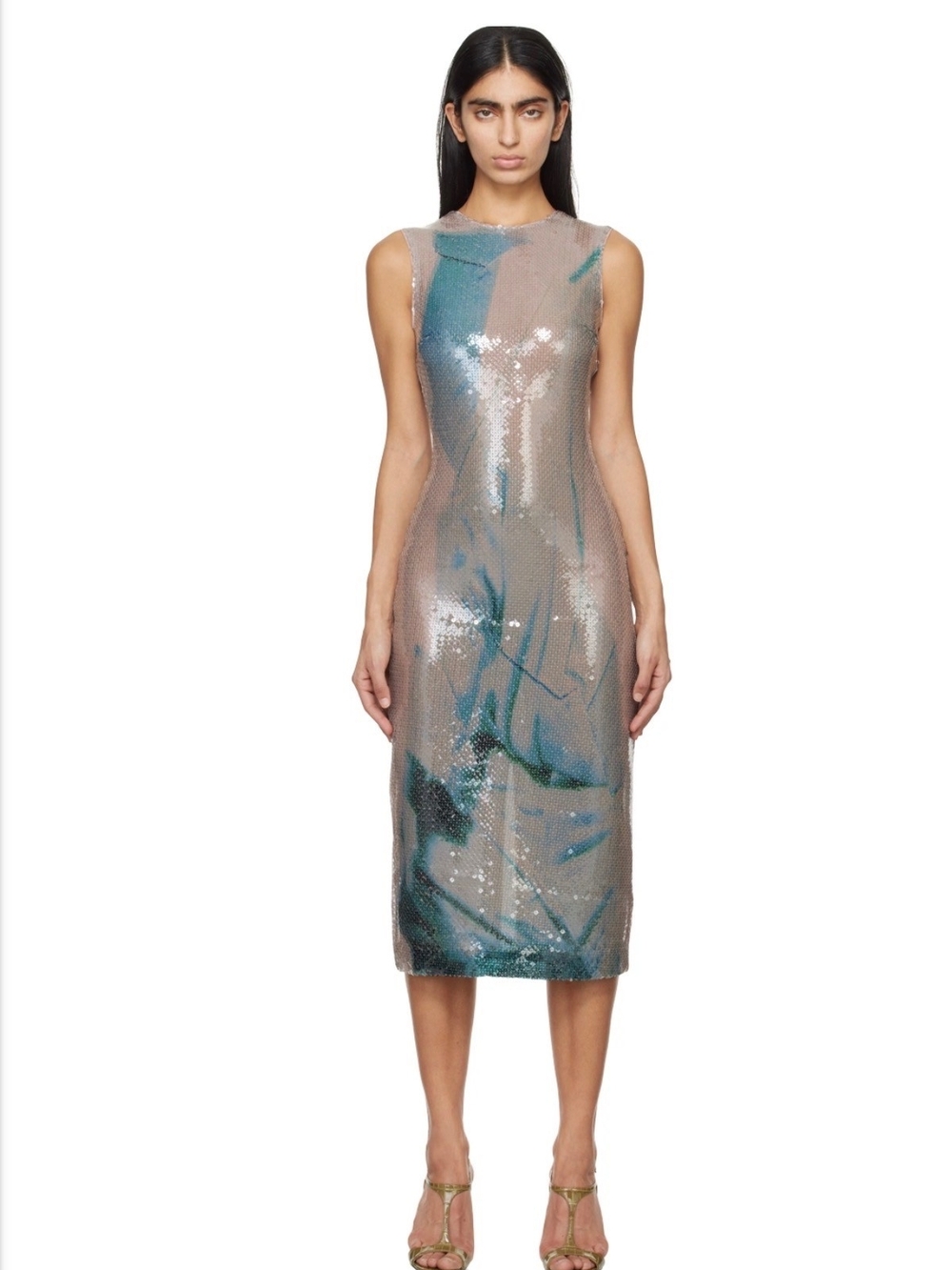 Sleeveless Sequin Sheath Dress in Teal and Taupe